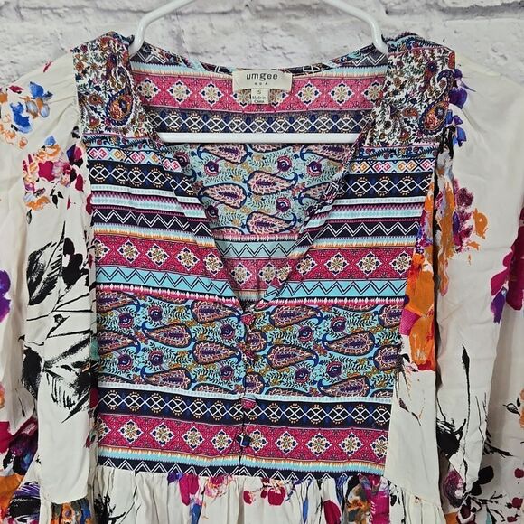 Umgee Boho Ivory Floral Printed Tunic Mini Dress V-Neck 3/4 Sleeves Womens Small - Picture 5 of 13